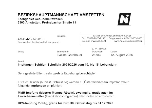 Impfungen Schüler; Schuljahr 2025/2026 vom 10. bis 15. Lebensjahr